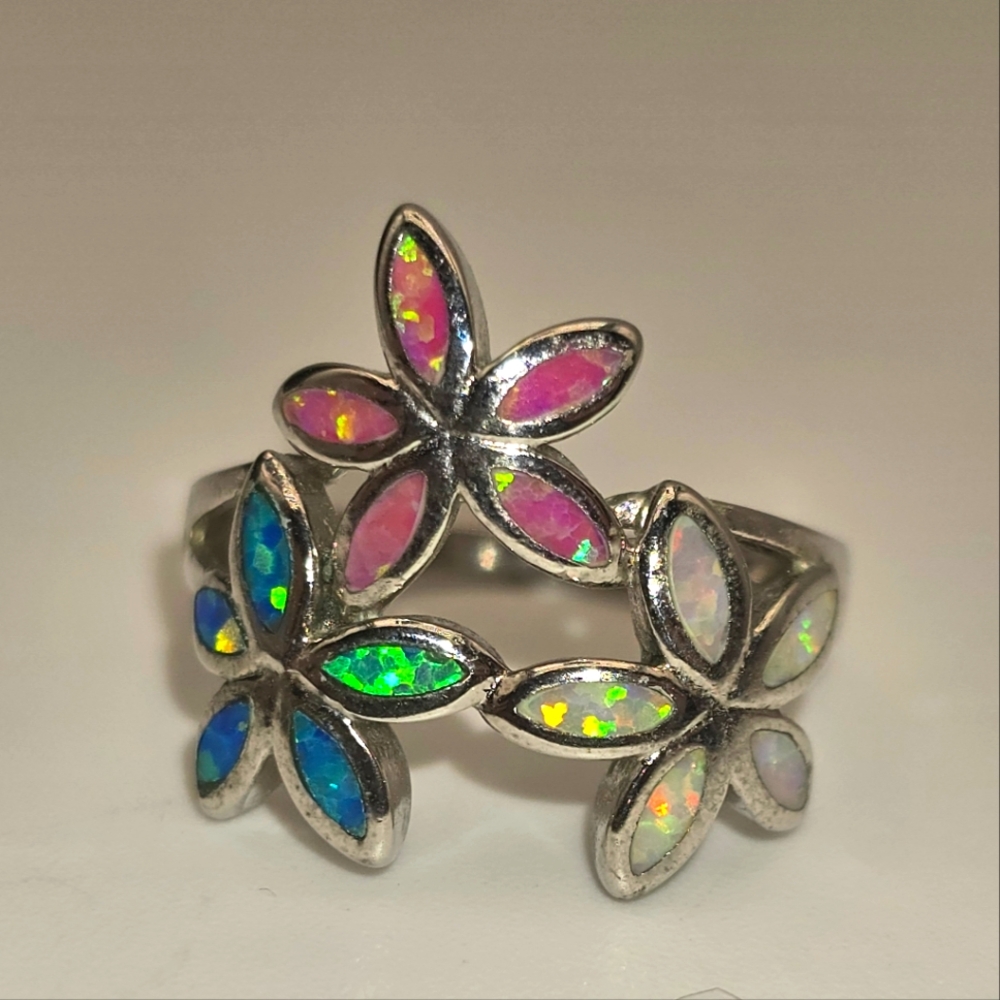 Sterling Silver Multi Colored Flower Ring - image 1